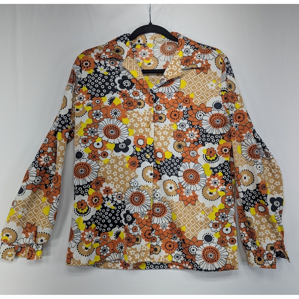 Vintage Lanie J 70s Floral Button Up Blouse Orange Yellow Disco Top